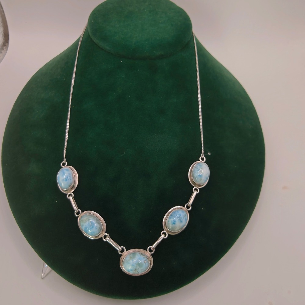 Larimar Natural Gemstone Sterling Silver 925 Oval Cabochon Necklace Blue White